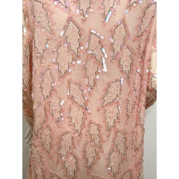 Chanson D’Amour Silk sequins Beaded Dress XL Midi Pink Peach Vintage Long Sleeve - Picture 16 of 16